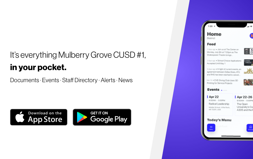 Banner promoting the new Mulberry Grove mobile app.